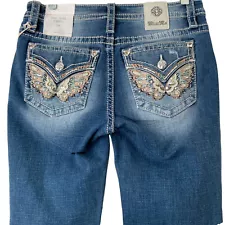 Miss Me Jeans Women Size 28 Blue Mid Rise Capri Embellished Faux Flap Pockets