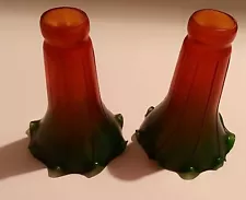 Lot of 2 Vintage Trumpet Green Amber Yellow Lily Glass Lamp Shades. Never Used