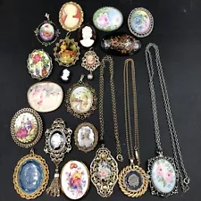 Lot Of 20 Pc Vtg Cameo + Flower Jewelry Brooches Pendants Necklaces Some Signed