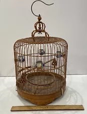 China Oriental Round Shaped Bamboo Wood Birdcage Cage Blue White Dish