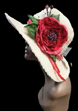 Kentucky Derby Cotton Crochet Sun Hat Art Felted Wool Flower Agate Bead Decor