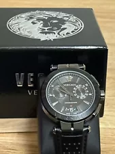 NEW Versace Aion 45mm Silver Stainless Steel Case with Black Leather Strap