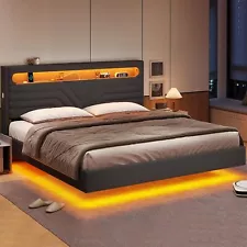 Floating Bed Frame King Size Hidden Storage Headboard Floating RGB Platform Bed