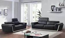 GENUINE Italian Leather 2PC Black Sofa Loveseat Modern Contemporary Living Room