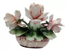 Napoleon Capodimonte Porcelain Pink Rose Bush Basket Italy Four Flowers Vintage