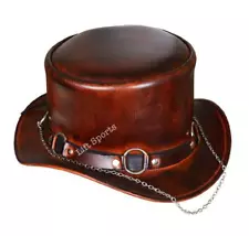 Steampunk Deadman Brown Cow Hide Leather Top Hat Motorcycle Rider Biker Play Boy