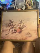 Framed Western Painting By Charles Russell Of Cowboy’s Roping A Steer