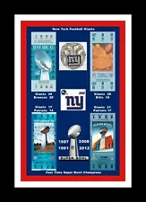 NEW YORK GIANTS MATTED PHOTO OF ALL 4 SUPER BOWl TICKETS SB 21/25/42/46