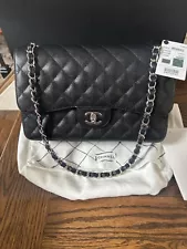 CHANEL - Jumbo Caviar Leather CC Classic Double Flap Black Silver Shoulder Bag