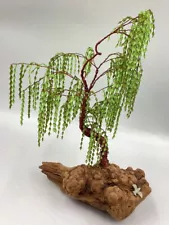 Vintage BONSAI TREE Hand Made Drift Wood Base Plastic Green Willow Copper Wire