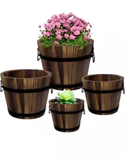 4 Pack Wooden Whiskey Barrel Planters - 4 Sizes Wooden Bucket Round-4 Pcs