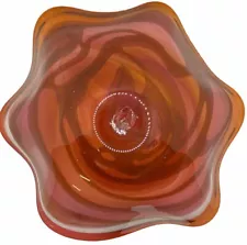 11” Wavy Glass Bowl Pink Orange White Swirl Large Art Glass