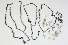 vintage ROSARY Necklace Wood Beads Medals Mother of Pearl Cross Medallions Parts