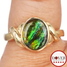 Estate Ammolite 14K Gold Oval Solitaire Band Ring NR