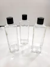 3 Empty Clear Square Glass Bottles w/Black Ribbed Caps 7" Tall