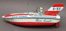 rare 1950's S-57 SEA HAWK 11.5" hydroplane race speed Boat Japan tin windup