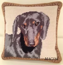 Black Dachshund Dog Needlepoint Pillow 10"x10" NWT