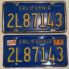 Matching Set of 1992 California Blue License Plates 2L87143 Vintage