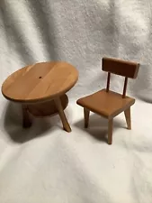 Vintage Strombecker Dollhouse Wooden Round Table & Chair for 8"-9" Dolls