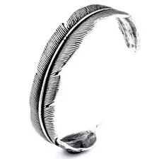 Stainless Steel Feather Bangle, Vintage Leaf Feather Cuff Bracelet for Men Women