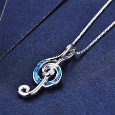 Silver Lab Blue Simulated Opal Cz Musical Note Necklace Pendant For Women