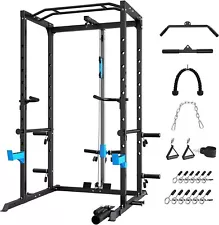 Power Cage Power Rack with J-Hooks Dip Handles Pulley System for Home Gym