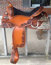 Western square show saddle 16" on Eco-leather buffalo chestnut with drum finish