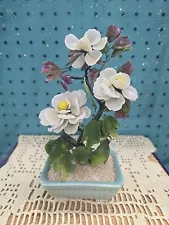 Beautiful Glass Jade Wire Bonsai Flower Tree Potted Yellow 8”