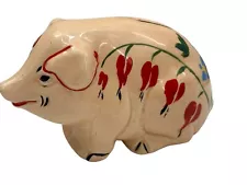 Vintage 1930's Ceramic Pig Piggy Bank Pink With Red and Blue Floral Designs