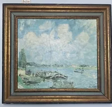 Alfred Sisley Oil Painting On Canvas Reproduction of Boats On The Seine