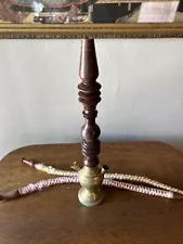 Vintage Hookah Ornate Brass And Wood Double Hose Water Pipe Antique 11” As Is