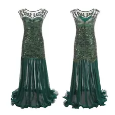 1920s Flapper Beaded Sequins Maxi Sheer Dresses Sparkly Women Long Party Dress