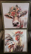 Hobby Lobby Cow & Rooster With Flowers Wood Frame On Canvas Pictures Set Of 2