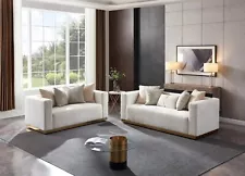 NEW 2PC White Ivory Gold Sofa Loveseat Velvet Contemporary Glam Living Room Set