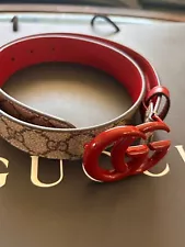 NEW Gucci Marmont Belt GG Logo Red Brown Monogram Canvas 75/30