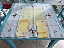 VTG MINT 1920 REDUCED Chinese cardtable cloth, yellow,multi crossstitch, 4 napki