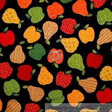 BonEful FABRIC Cotton Quilt Black Gold Pear Green Red Apple Fruit Dot SALE SCRAP