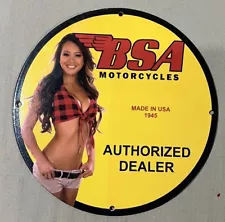 BSA MOTORCYCLE AUTHORISED DEALER SALES SERVICE PINUP GIRL PORCELAIN ENAMEL SIGN