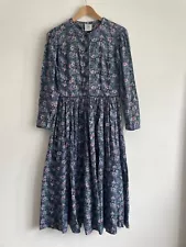 Laura Ashley Dress Retro Vintage 80s Blue Floral Long Sleeve Cotton Wool - UK 12