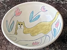 Solveig Cox Pastel Cats Bowl w/Tulips Signed Pottery