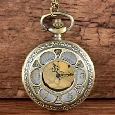 Vintage Bronze Hollow Pocket Watch Retro Quartz Movement Pendant Necklace Chain