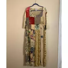 Vintage MSAS Women's Tan Artsy Abstract Boho Patchwork Tie Waist Dress Sz 4X