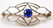 VTG Art Deco 10K Yellow Gold Cobalt Blue Stone 1" Open Scroll Bar Pin 1.1 Gram