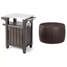 Keter Unity 40 Gal Grilling Bar Cart with Circa 37 Gal Round Deck Box, Brown