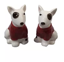 Bull Terrier Dog Ceramic Design Salt & Pepper Shaker Set Spot Eye Red Sweater