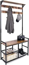 Coat Rack Shoe Bench Hall Tree Entryway Storage Bench with Metal (Rustic Brown)