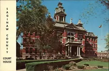 Saginaw Michigan County Court House clock tower brick bldg vintage postcard