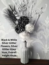 60cm,HANDMADE ARTIFICIAL BLACK/WHITE S-GLITTER FLOWERS,SILVER GLITTER GLASS VASE