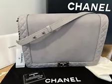 CHANEL Le BOY Large Quilted Reverso Maxi XL Messenger Flap Bag Light Grey *NWT*