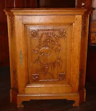 Exceptional antique Quarter sawn oak carved confiturier cabinet-----16029